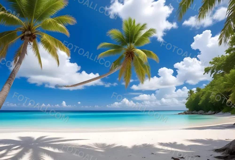 Tropical Beach With White Sand Clear Water And A Clear Blue Sky With Fluffy White Clouds Palm Tree Leaves In The Upper Right Corner 8 80b8