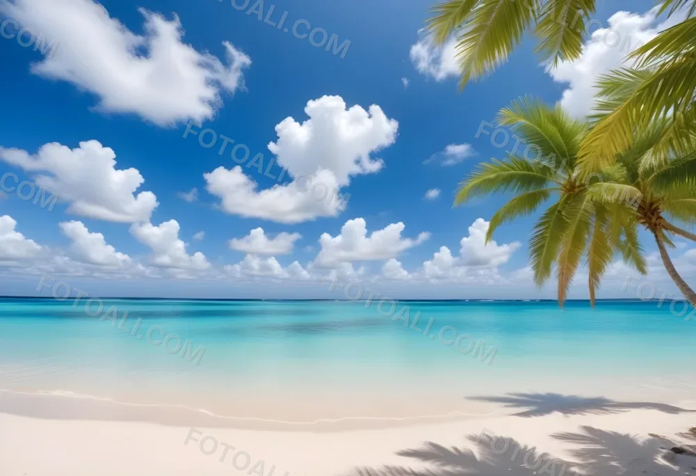 Tropical Beach With White Sand Clear Water And A Clear Blue Sky With Fluffy White Clouds Palm Tree Leaves In The Upper Right Corner 9 7cda