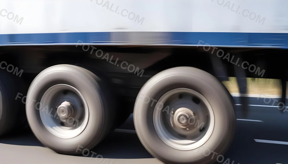 Truck Wheels In Motion Showing The Blur Of Movement With A Blue And White Truck Body Above On A Road 1 Db16