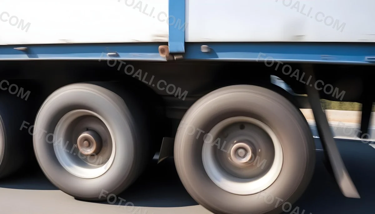Truck Wheels In Motion Showing The Blur Of Movement With A Blue And White Truck Body Above On A Road 10 A846