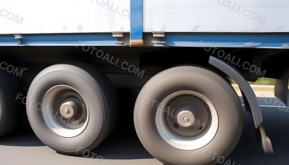 Truck Wheels In Motion Showing The Blur Of Movement With A Blue And White Truck Body Above On A Road 12 57a8