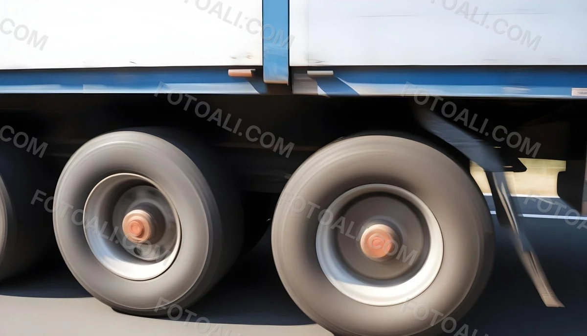 Truck Wheels In Motion Showing The Blur Of Movement With A Blue And White Truck Body Above On A Road 13 9fff