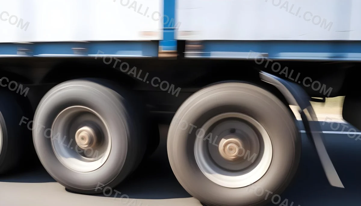Truck Wheels In Motion Showing The Blur Of Movement With A Blue And White Truck Body Above On A Road 14 Fa99