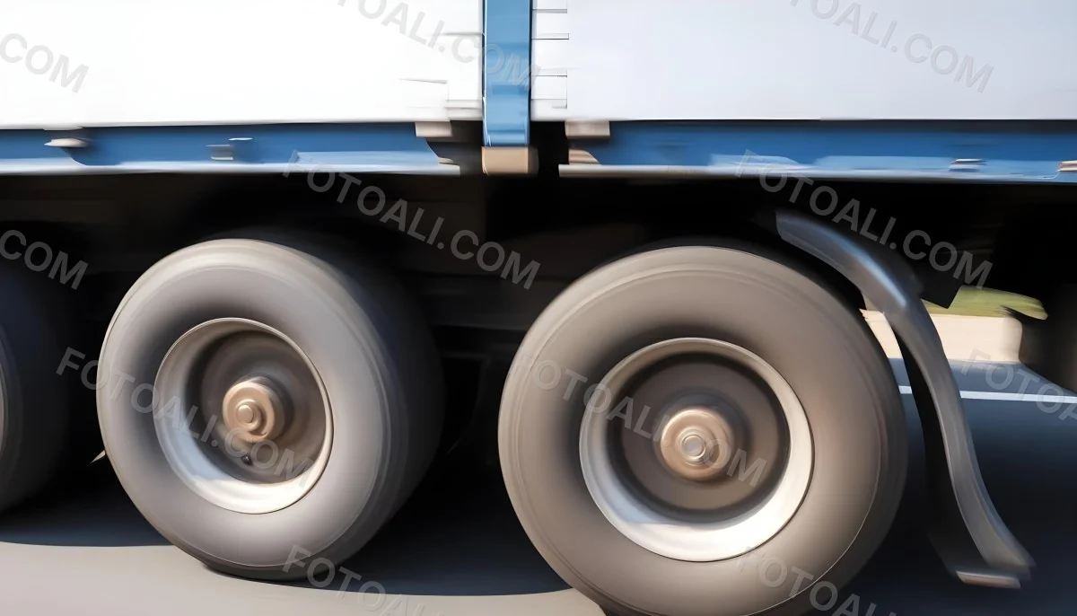 Truck Wheels In Motion Showing The Blur Of Movement With A Blue And White Truck Body Above On A Road 15 8134