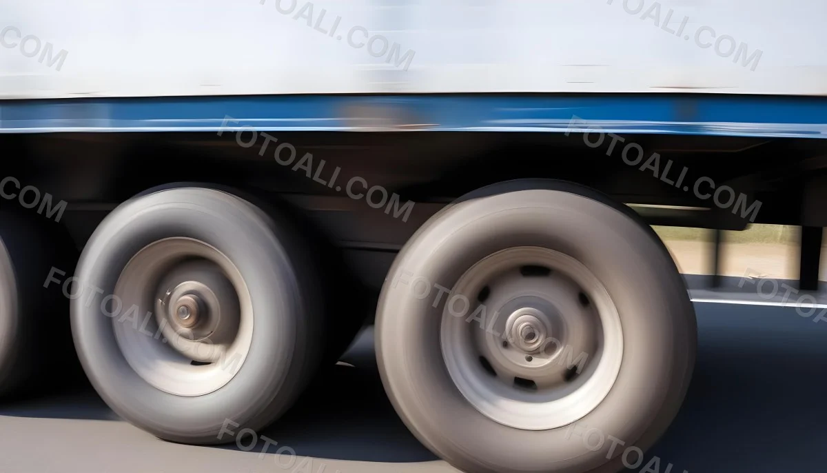 Truck Wheels In Motion Showing The Blur Of Movement With A Blue And White Truck Body Above On A Road 17 209f