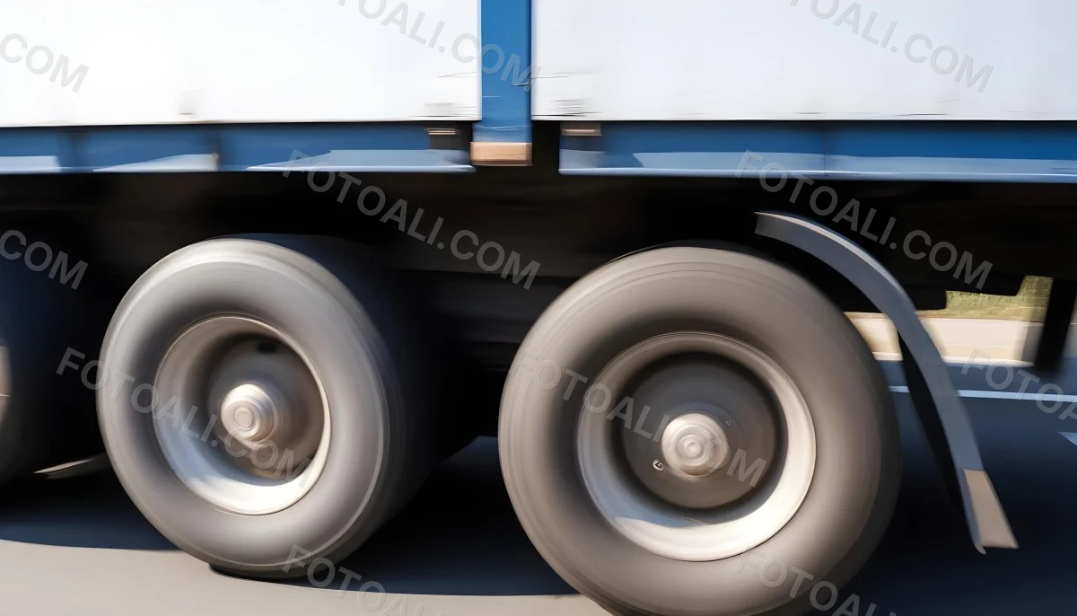 Truck Wheels In Motion Showing The Blur Of Movement With A Blue And White Truck Body Above On A Road 18 Ba87