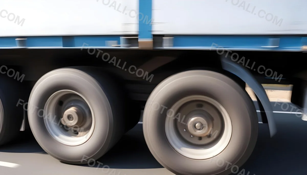 Truck Wheels In Motion Showing The Blur Of Movement With A Blue And White Truck Body Above On A Road 19 B560