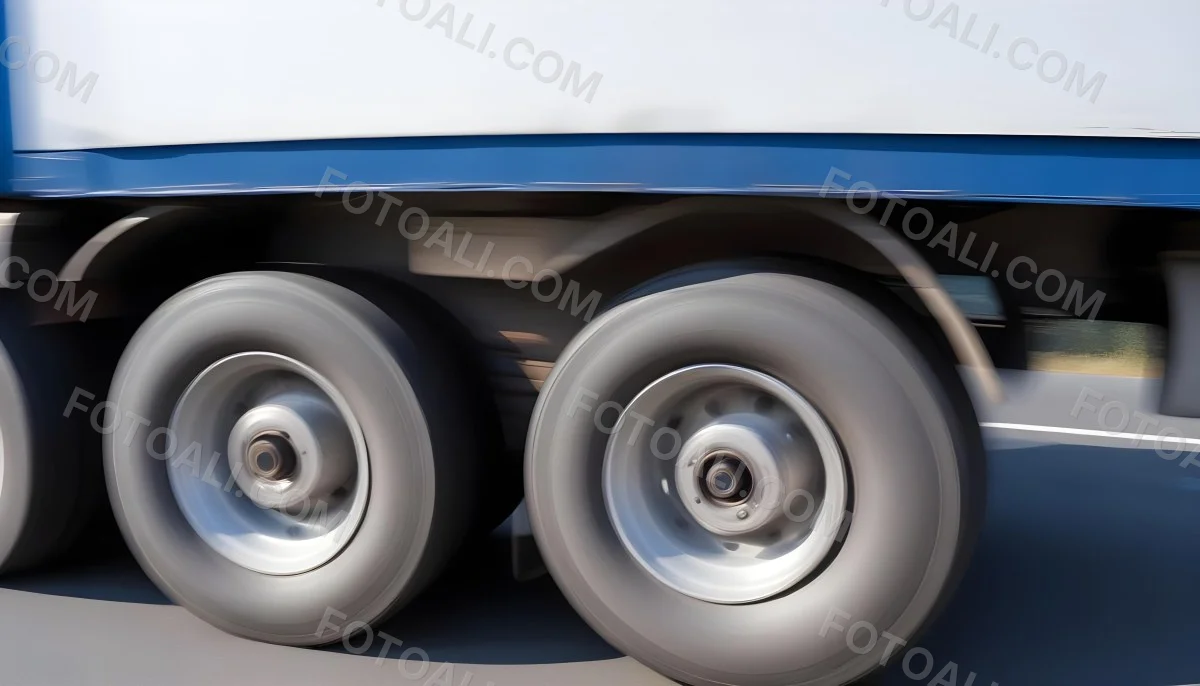 Truck Wheels In Motion Showing The Blur Of Movement With A Blue And White Truck Body Above On A Road 2 3a1c