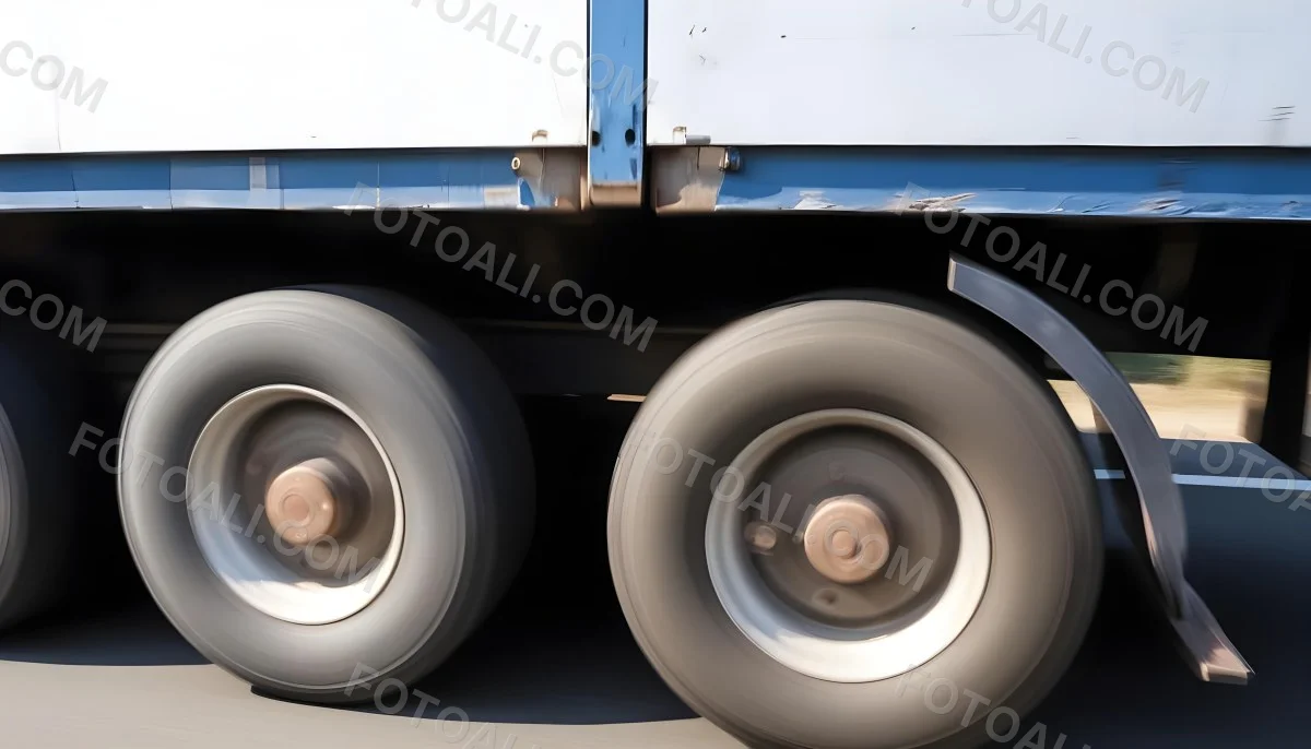 Truck Wheels In Motion Showing The Blur Of Movement With A Blue And White Truck Body Above On A Road 20 Efb8