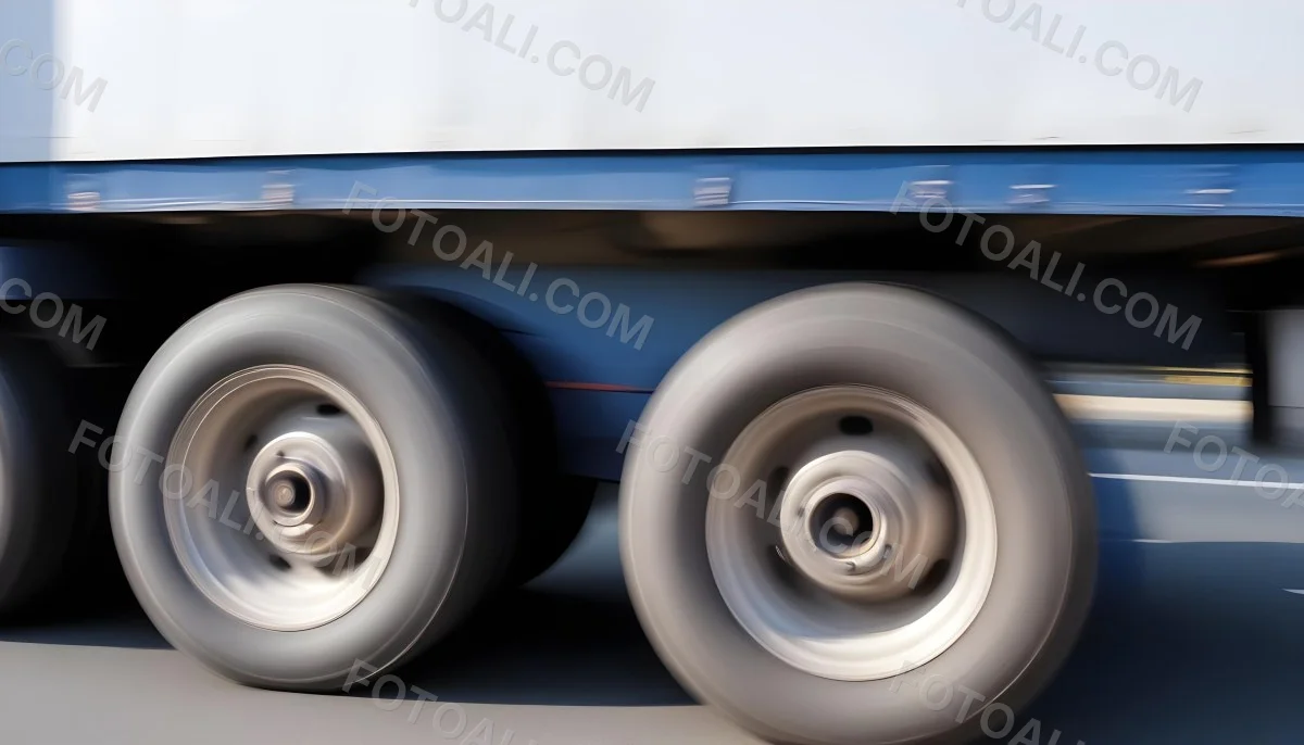 Truck Wheels In Motion Showing The Blur Of Movement With A Blue And White Truck Body Above On A Road 3 6dfc