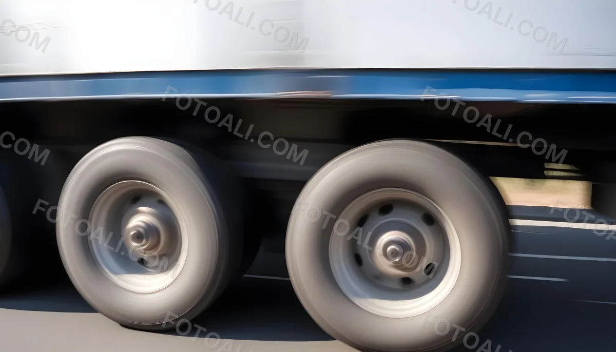 Truck Wheels In Motion Showing The Blur Of Movement With A Blue And White Truck Body Above On A Road 4 A5cb
