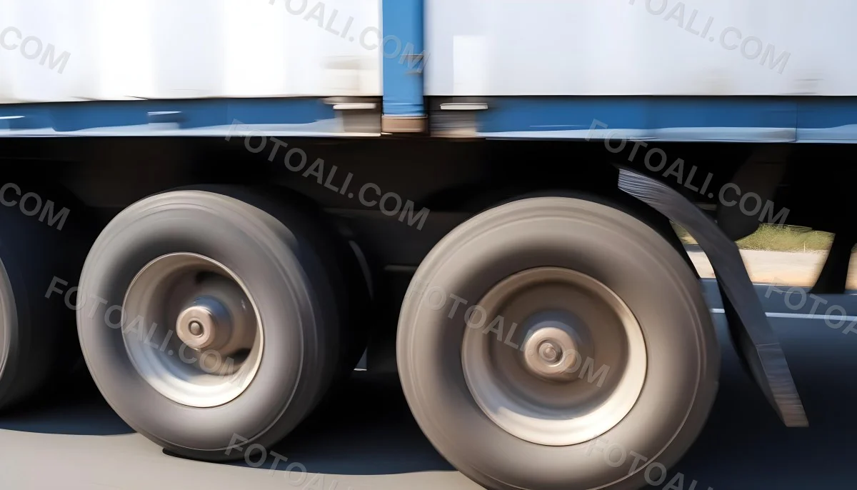 Truck Wheels In Motion Showing The Blur Of Movement With A Blue And White Truck Body Above On A Road 5 De6c