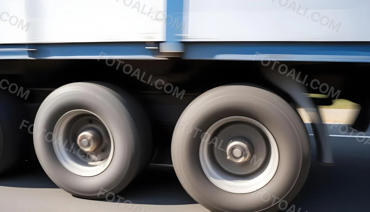 Truck Wheels In Motion Showing The Blur Of Movement With A Blue And White Truck Body Above On A Road 6 7868