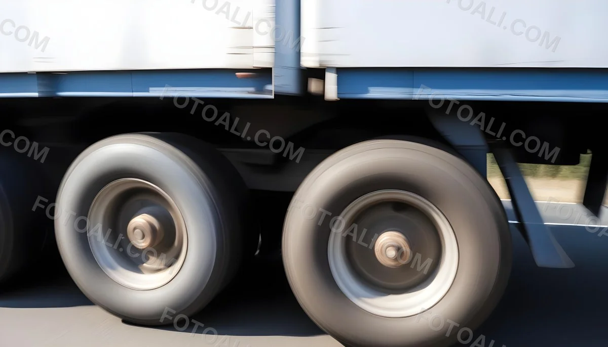 Truck Wheels In Motion Showing The Blur Of Movement With A Blue And White Truck Body Above On A Road 7 96da