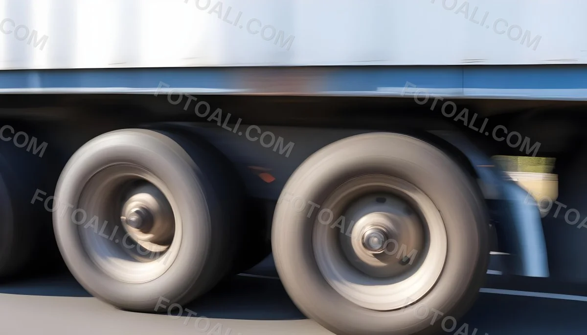 Truck Wheels In Motion Showing The Blur Of Movement With A Blue And White Truck Body Above On A Road 8 6765