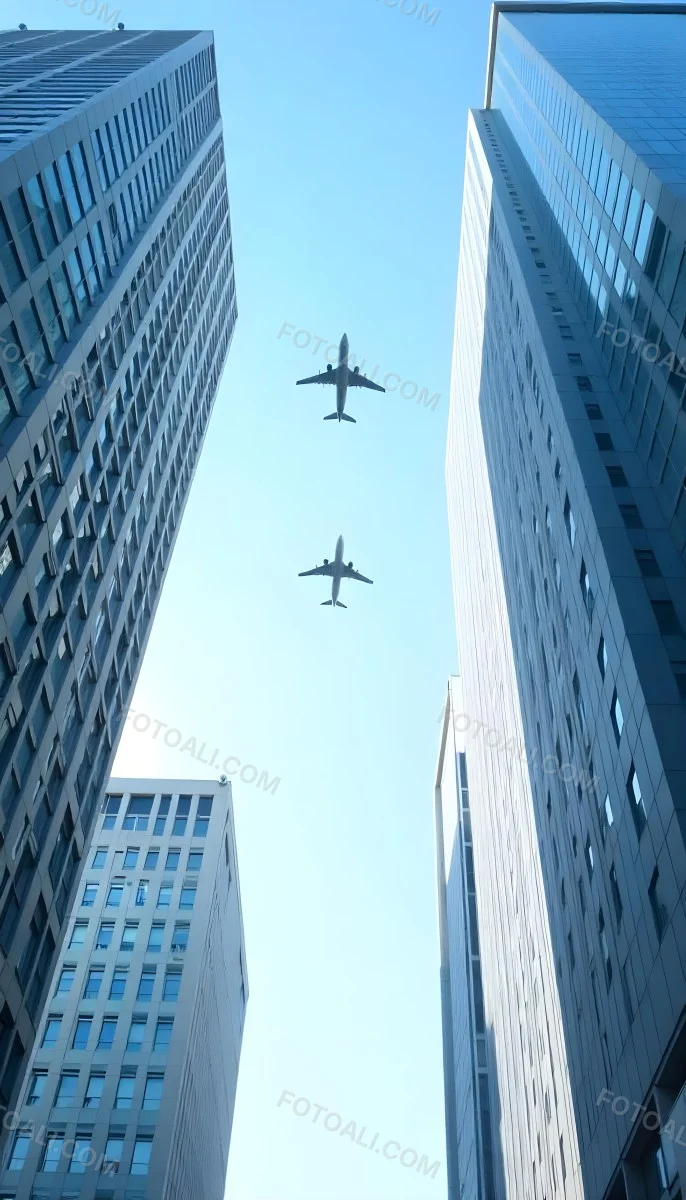 Two Airplanes Flying Between Skyscrapers Low Angle Shot Clear Sky Urban Environment City Landscape Commercial Aviation Modern Architecture Travel Concept 10 Ee2a