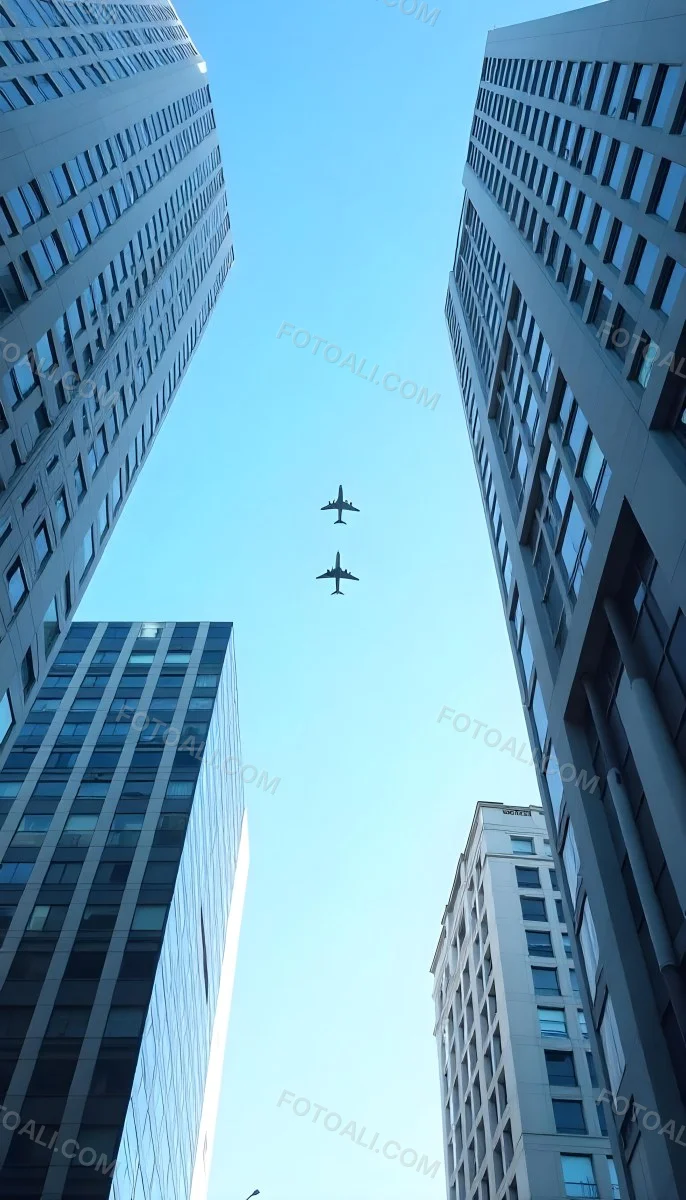 Two Airplanes Flying Between Skyscrapers Low Angle Shot Clear Sky Urban Environment City Landscape Commercial Aviation Modern Architecture Travel Concept 12 3a5c
