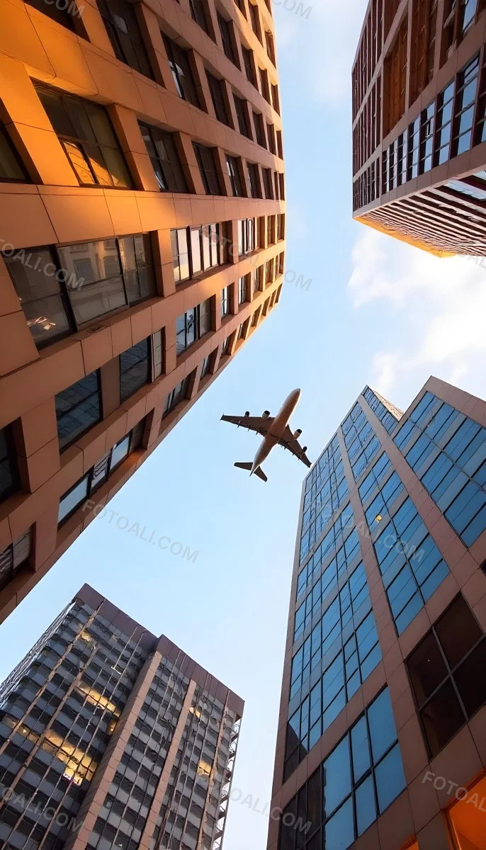 Two Airplanes Flying Between Skyscrapers Low Angle Shot Clear Sky Urban Environment City Landscape Commercial Aviation Modern Architecture Travel Concept 16 D3ce