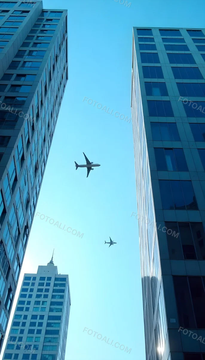 Two Airplanes Flying Between Skyscrapers Low Angle Shot Clear Sky Urban Environment City Landscape Commercial Aviation Modern Architecture Travel Concept 17 2572