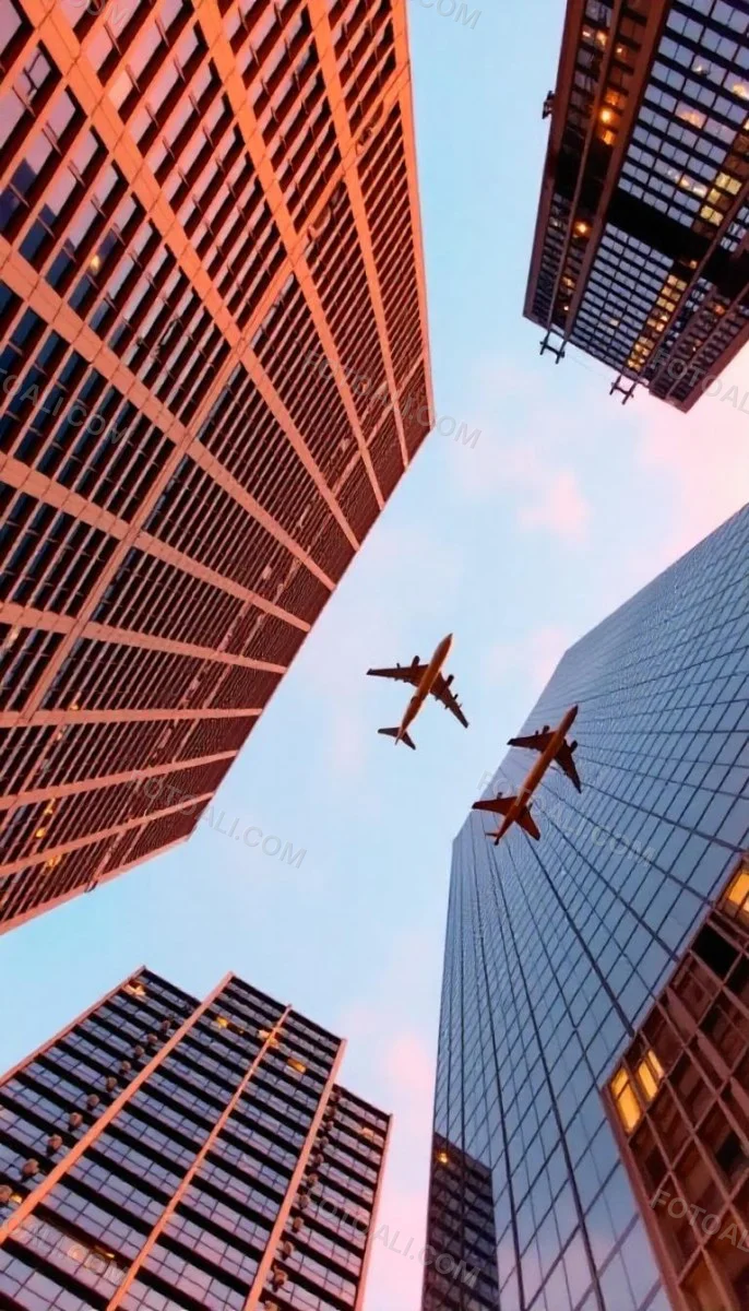 Two Airplanes Flying Between Skyscrapers Low Angle Shot Clear Sky Urban Environment City Landscape Commercial Aviation Modern Architecture Travel Concept 19 118b
