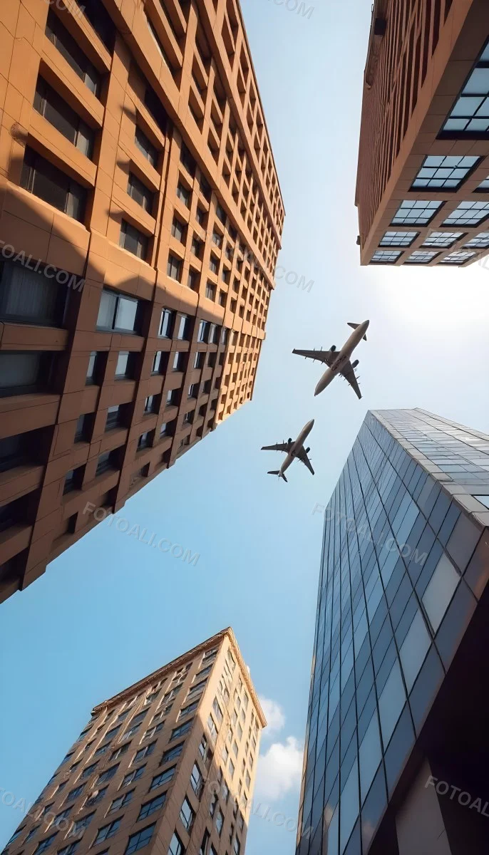 Two Airplanes Flying Between Skyscrapers Low Angle Shot Clear Sky Urban Environment City Landscape Commercial Aviation Modern Architecture Travel Concept 2 5683