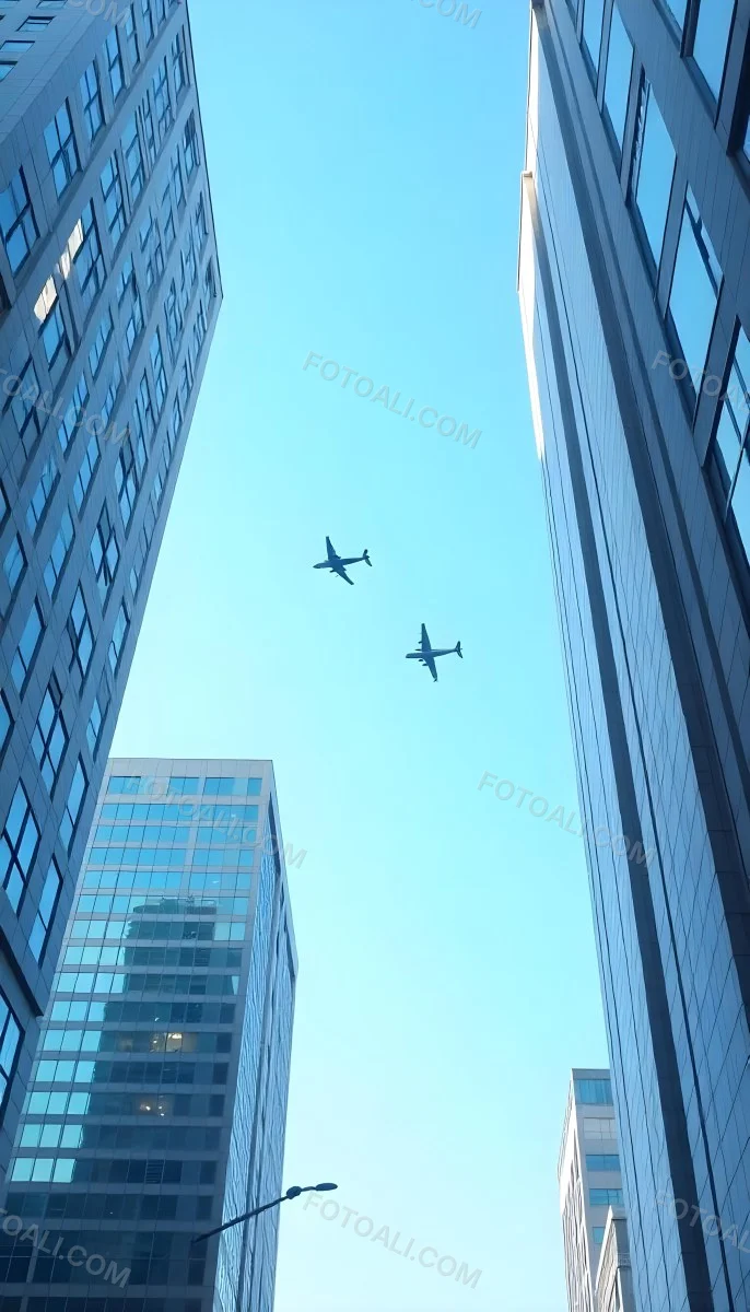 Two Airplanes Flying Between Skyscrapers Low Angle Shot Clear Sky Urban Environment City Landscape Commercial Aviation Modern Architecture Travel Concept 4 B62d