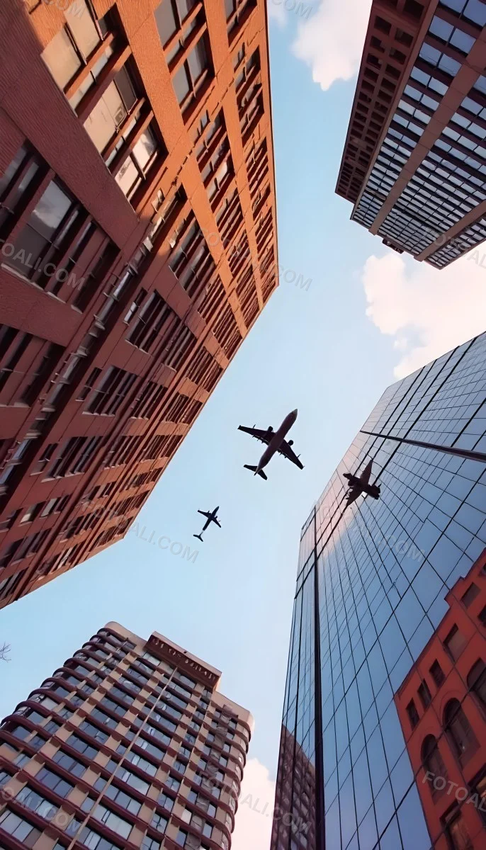 Two Airplanes Flying Between Skyscrapers Low Angle Shot Clear Sky Urban Environment City Landscape Commercial Aviation Modern Architecture Travel Concept 5 28ea