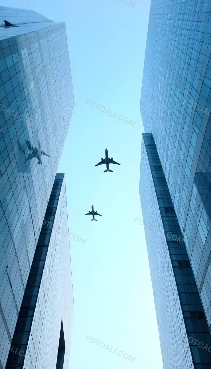 Two Airplanes Flying Between Skyscrapers Low Angle Shot Clear Sky Urban Environment City Landscape Commercial Aviation Modern Architecture Travel Concept 6 C096