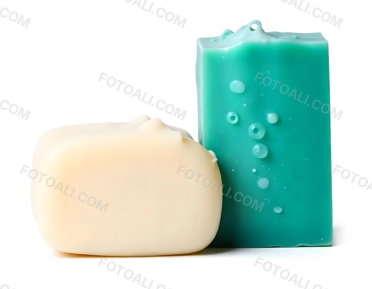 Two Bars Of Soap One White And One Green With Bubbles On Top In A White Background 1 719b