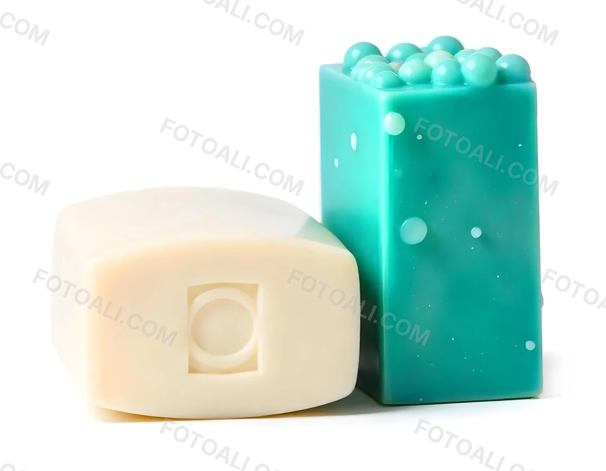Two Bars Of Soap One White And One Green With Bubbles On Top In A White Background 10 51f0