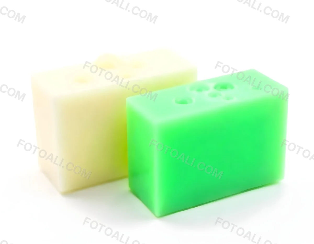 Two Bars Of Soap One White And One Green With Bubbles On Top In A White Background 12 B41d
