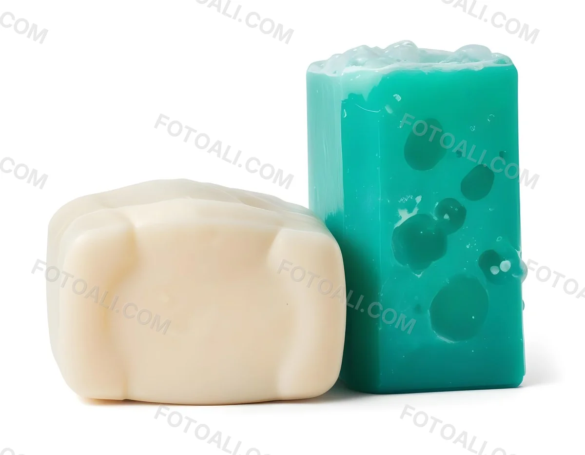 Two Bars Of Soap One White And One Green With Bubbles On Top In A White Background 14 5ccf