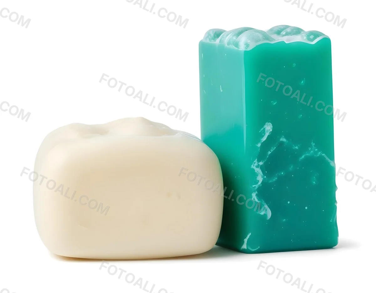 Two Bars Of Soap One White And One Green With Bubbles On Top In A White Background 15 9be1
