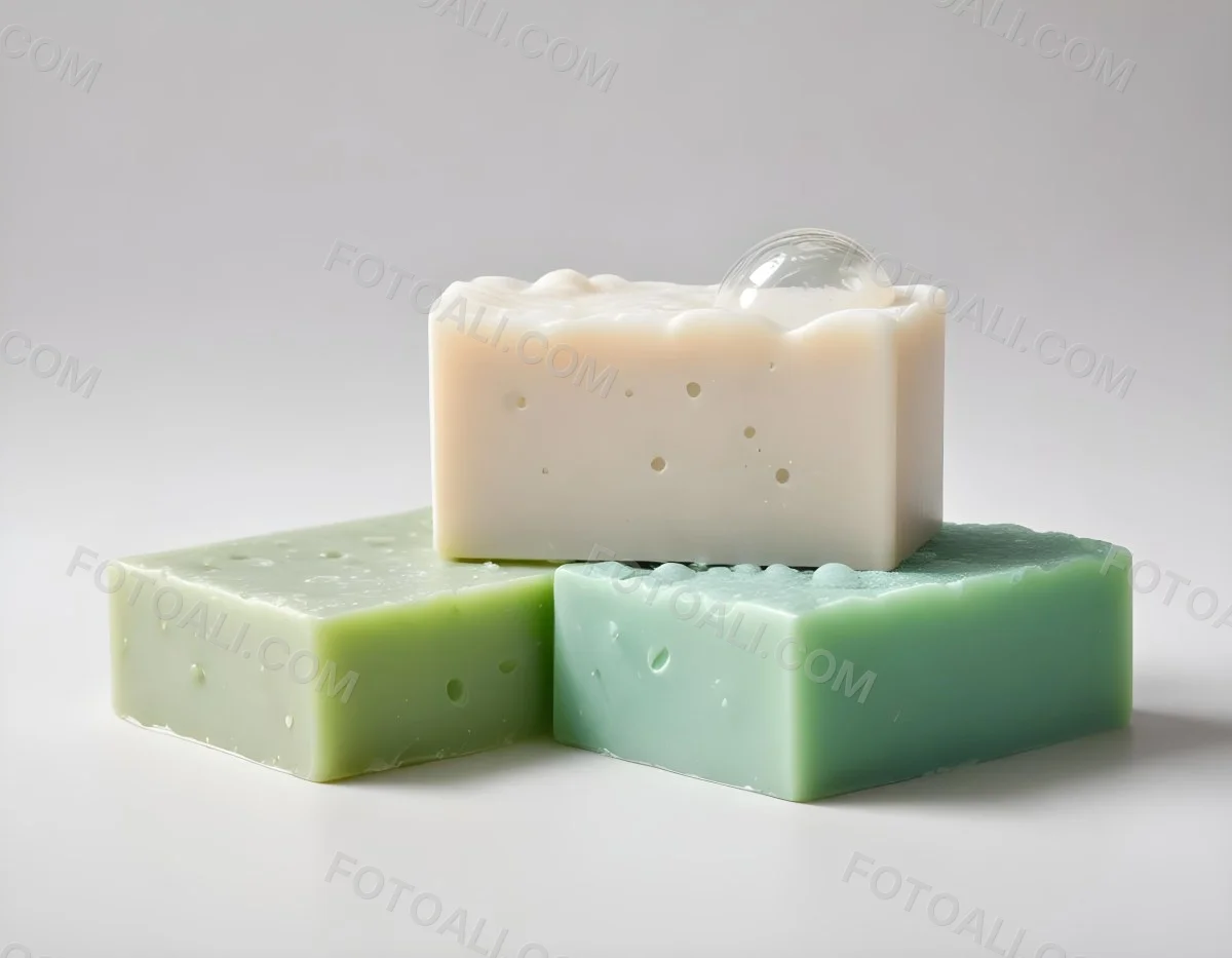 Two Bars Of Soap One White And One Green With Bubbles On Top In A White Background 19 C3f0