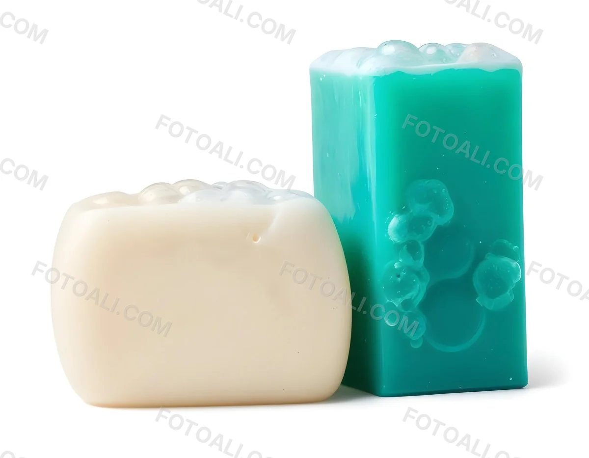 Two Bars Of Soap One White And One Green With Bubbles On Top In A White Background 2 2f66