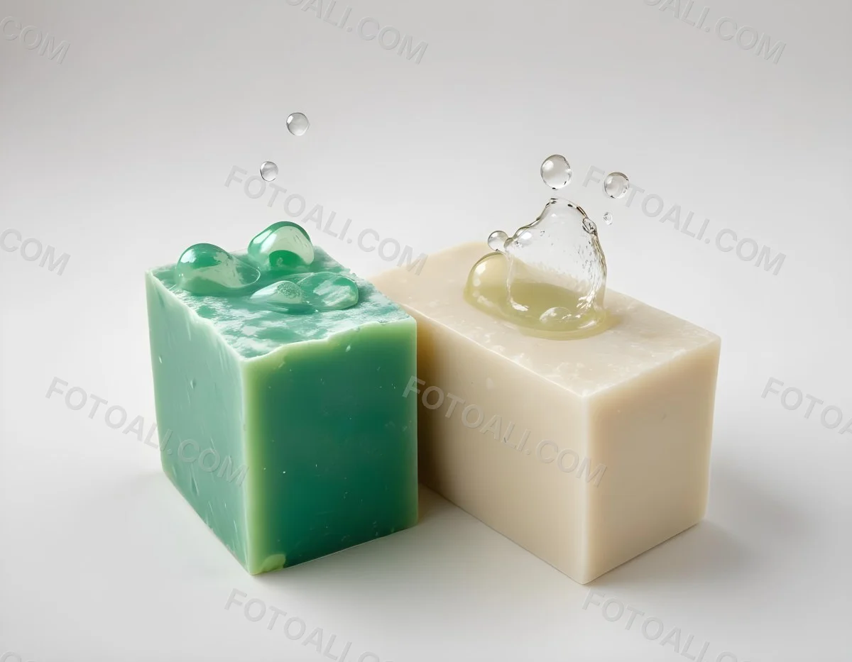 Two Bars Of Soap One White And One Green With Bubbles On Top In A White Background 20 2583