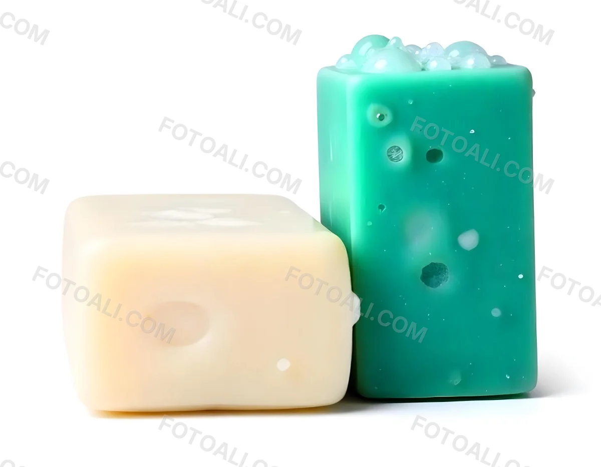 Two Bars Of Soap One White And One Green With Bubbles On Top In A White Background 21 806d