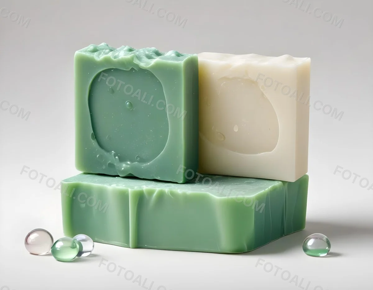 Two Bars Of Soap One White And One Green With Bubbles On Top In A White Background 22 37d3