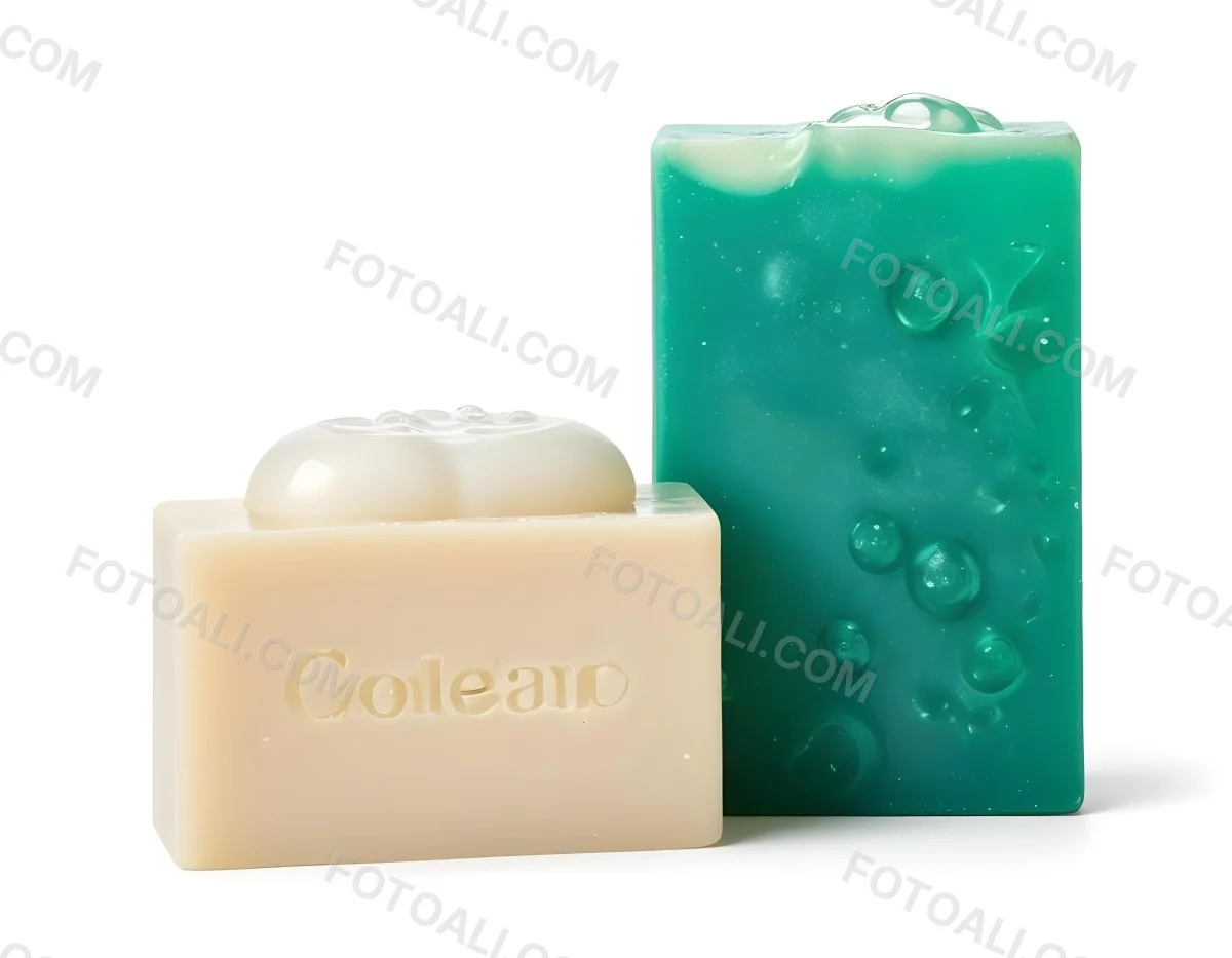 Two Bars Of Soap One White And One Green With Bubbles On Top In A White Background 24 69b5