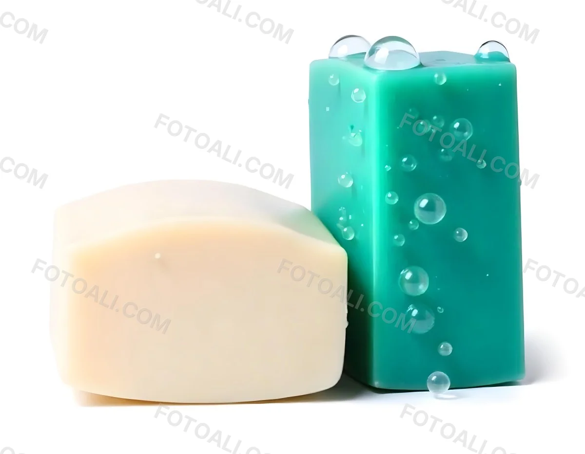 Two Bars Of Soap One White And One Green With Bubbles On Top In A White Background 3 1020