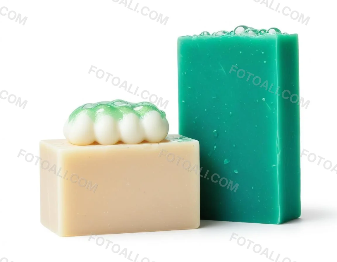 Two Bars Of Soap One White And One Green With Bubbles On Top In A White Background 4 C5b8