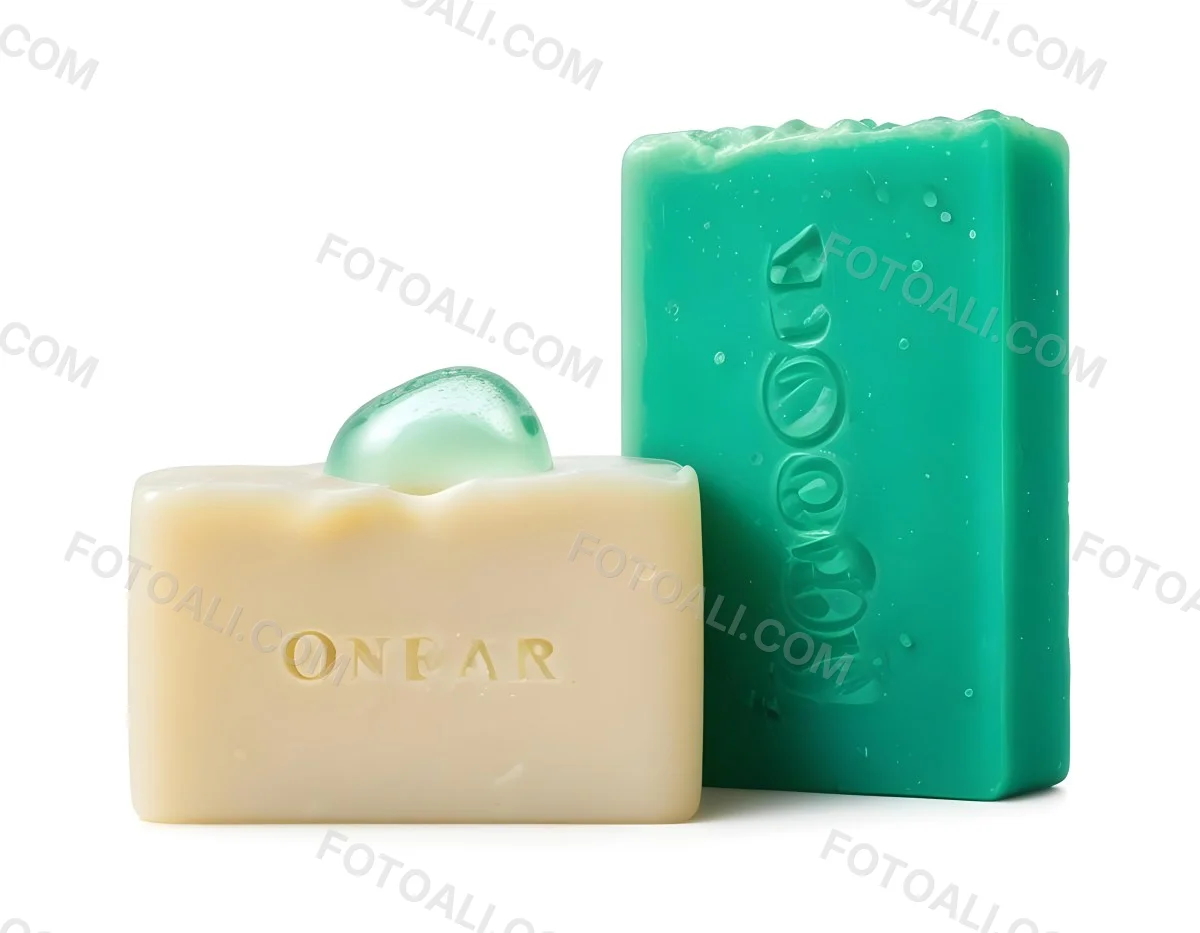 Two Bars Of Soap One White And One Green With Bubbles On Top In A White Background 7 01f6