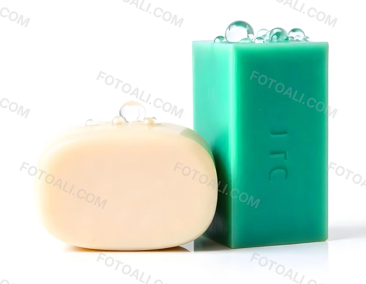 Two Bars Of Soap One White And One Green With Bubbles On Top In A White Background 8 85ed