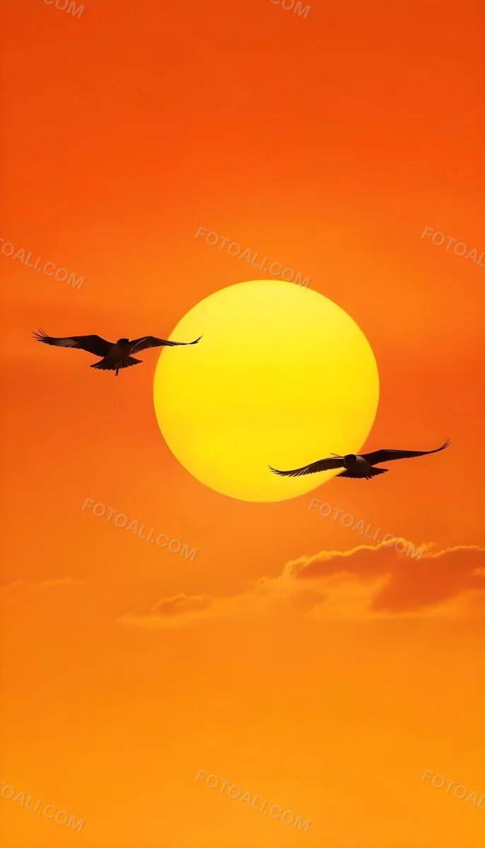 Two Birds Flying Against A Large Bright Yellow Sun Set Against An Orange Sky The Background Features Soft Blended Clouds In Shades Of Orange And Yellow 12 064e