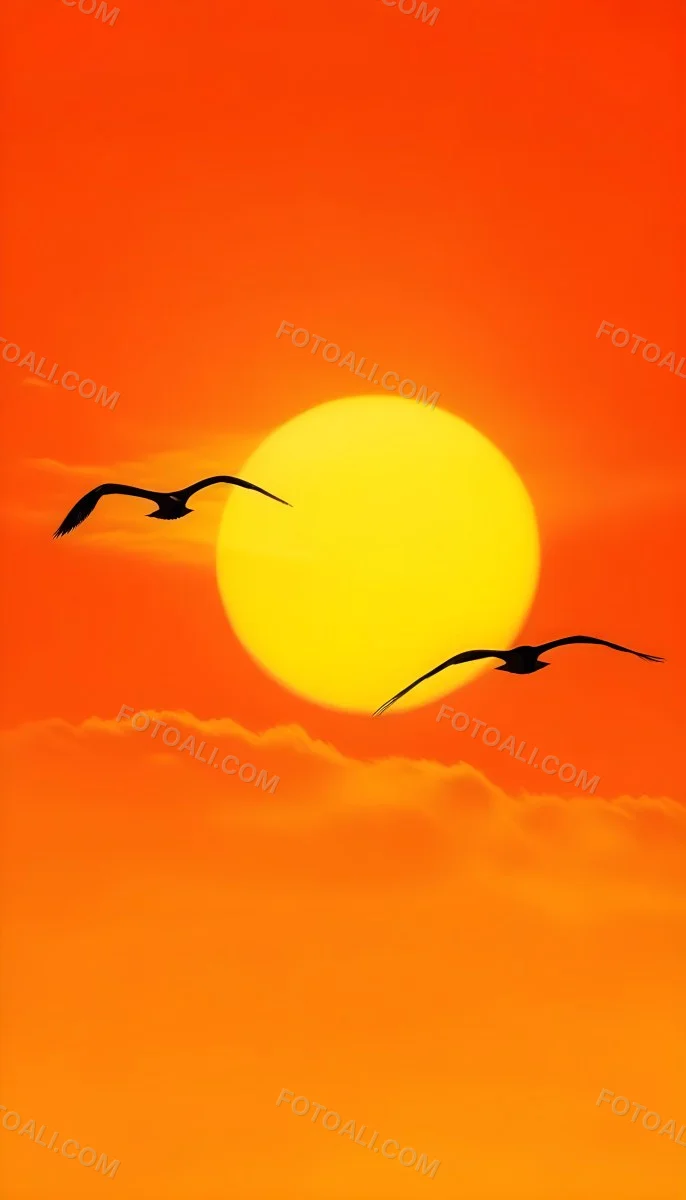 Two Birds Flying Against A Large Bright Yellow Sun Set Against An Orange Sky The Background Features Soft Blended Clouds In Shades Of Orange And Yellow 17 B678