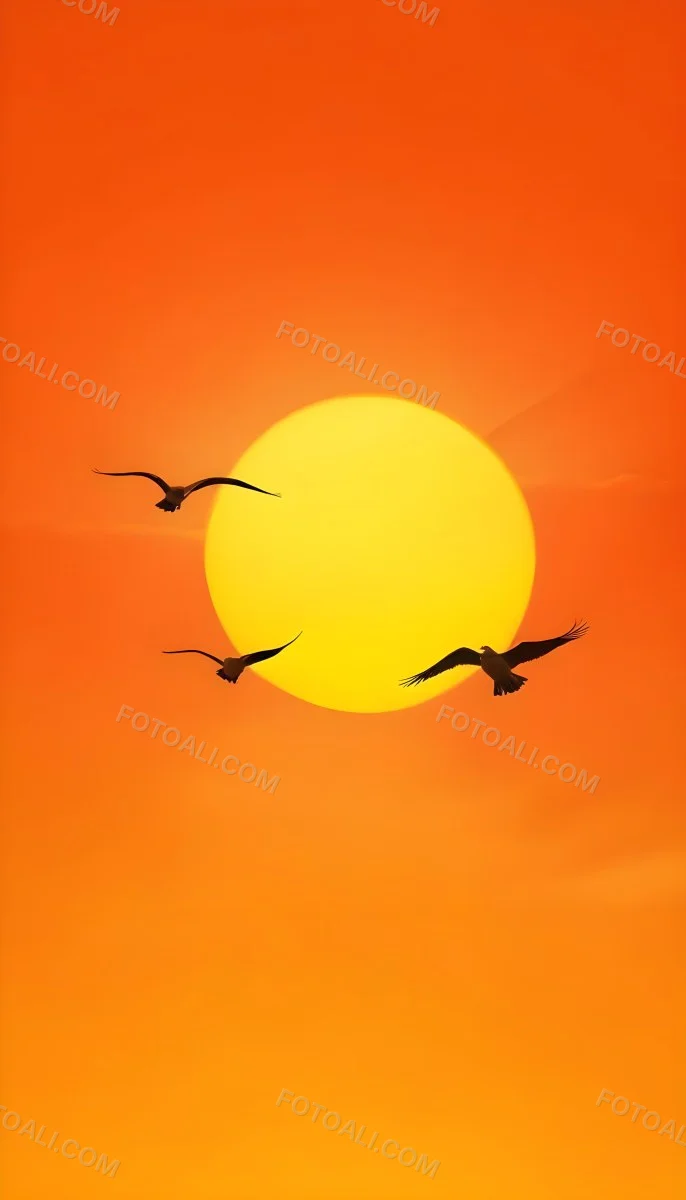 Two Birds Flying Against A Large Bright Yellow Sun Set Against An Orange Sky The Background Features Soft Blended Clouds In Shades Of Orange And Yellow 21 9986