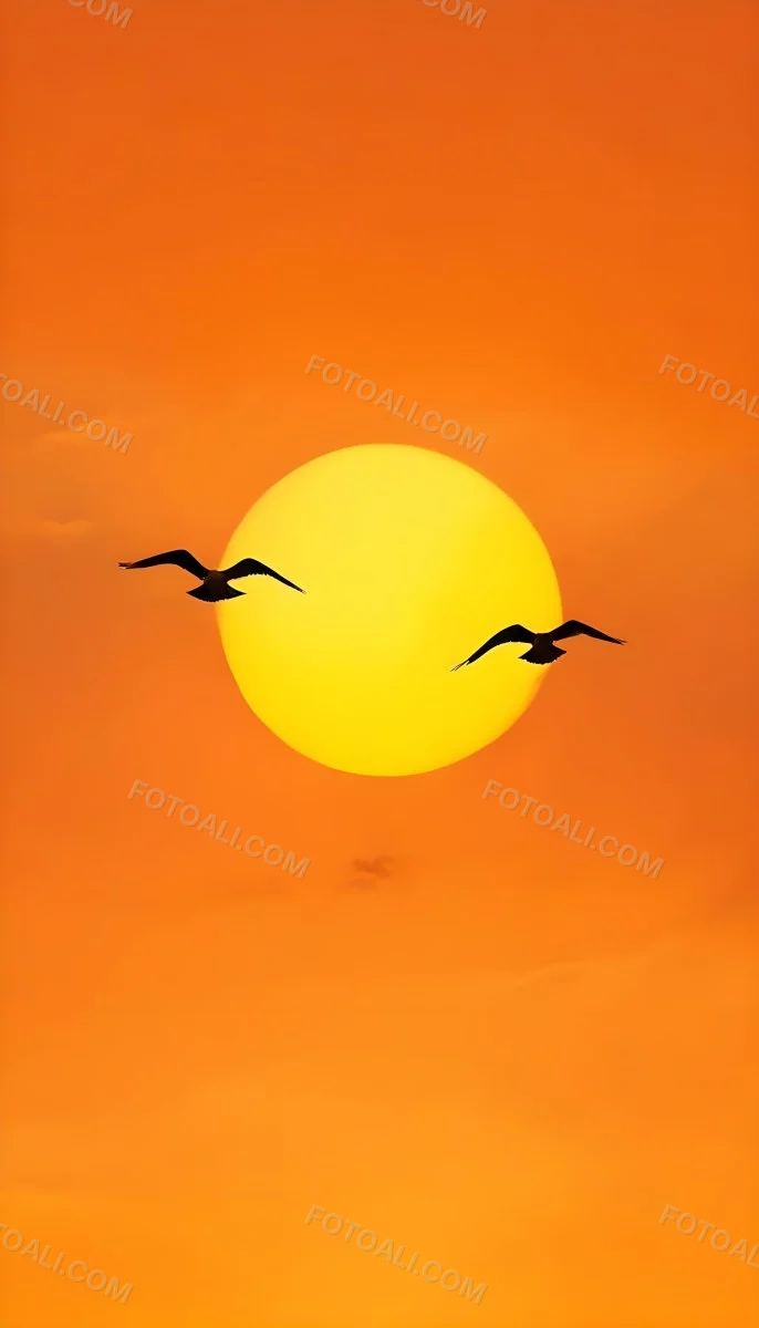 Two Birds Flying Against A Large Bright Yellow Sun Set Against An Orange Sky The Background Features Soft Blended Clouds In Shades Of Orange And Yellow 24 B1d2