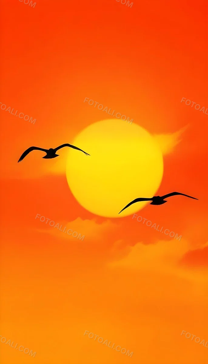 Two Birds Flying Against A Large Bright Yellow Sun Set Against An Orange Sky The Background Features Soft Blended Clouds In Shades Of Orange And Yellow 3 4059