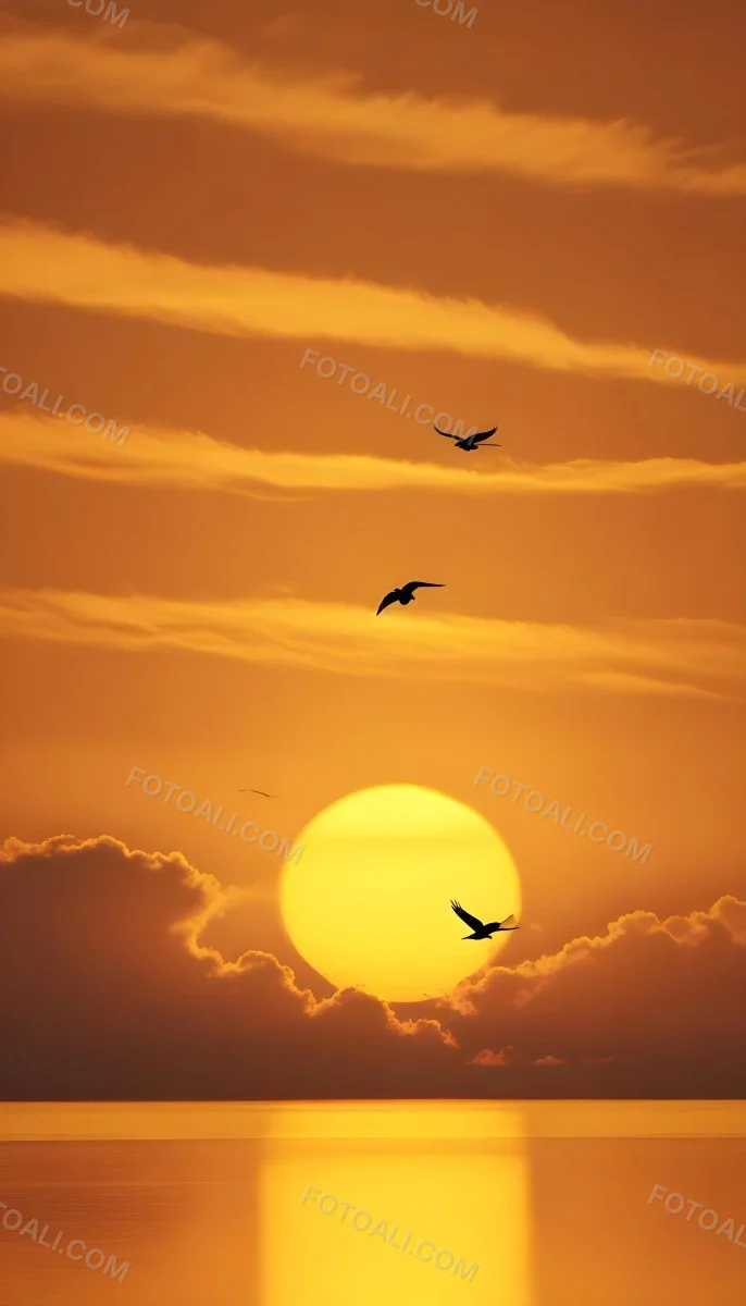 Two Birds Flying Against A Large Bright Yellow Sun Set Against An Orange Sky The Background Features Soft Blended Clouds In Shades Of Orange And Yellow 36 A639