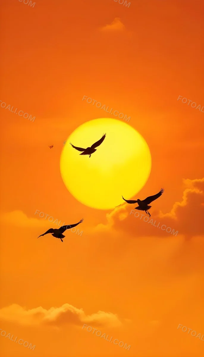 Two Birds Flying Against A Large Bright Yellow Sun Set Against An Orange Sky The Background Features Soft Blended Clouds In Shades Of Orange And Yellow 39 52c7